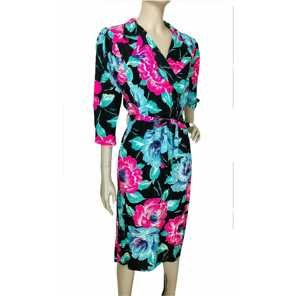 Vintage 80s LAINE Colorful Floral Belted Surplice Puff Sleeve Sheath Dress